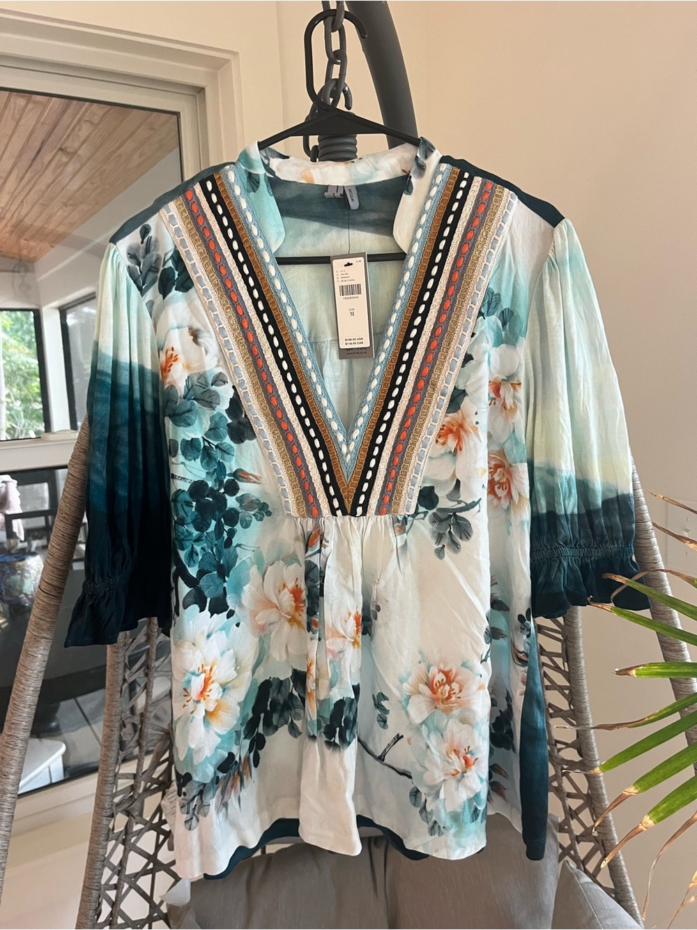 Embroidered V-Neck Floral Blouse - Teal Floral